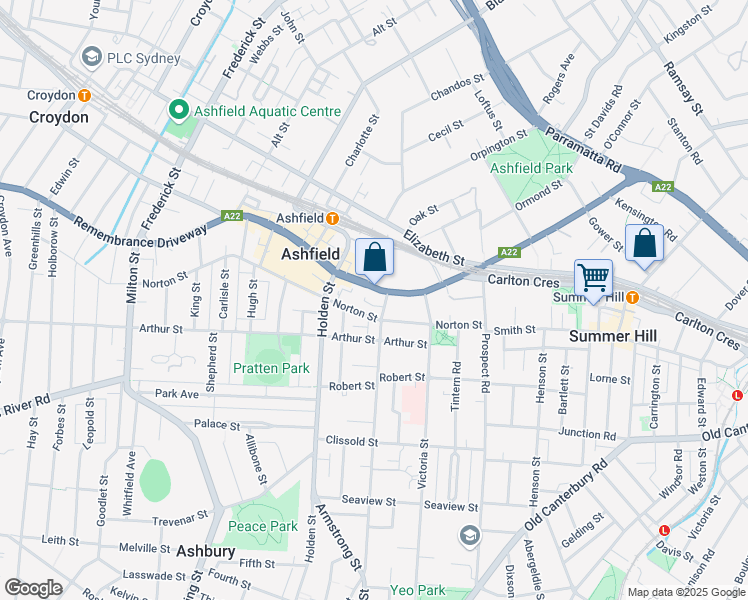 map of restaurants, bars, coffee shops, grocery stores, and more near 168 Liverpool Road in Ashfield