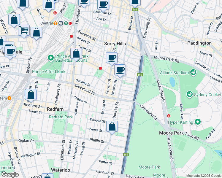 map of restaurants, bars, coffee shops, grocery stores, and more near 628 Crown Street in Surry Hills