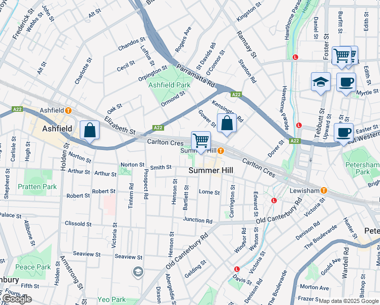 map of restaurants, bars, coffee shops, grocery stores, and more near 91 Carlton Crescent in Summer Hill