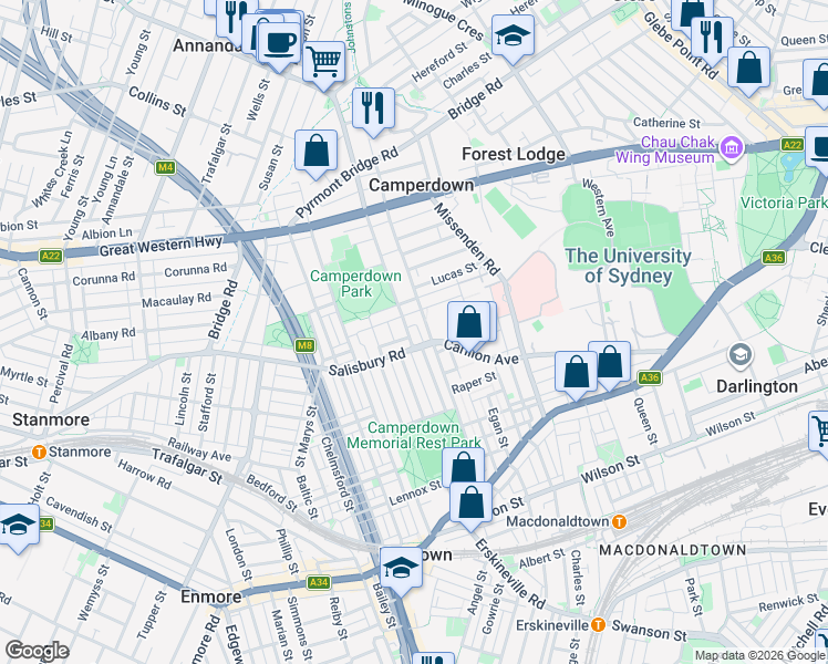 map of restaurants, bars, coffee shops, grocery stores, and more near 144-152 Mallett Street in Camperdown
