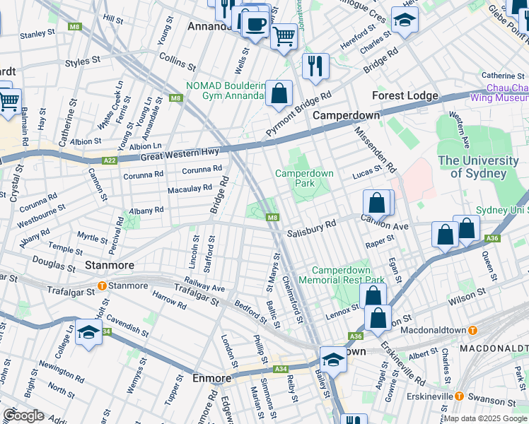 map of restaurants, bars, coffee shops, grocery stores, and more near Ross Street in Camperdown
