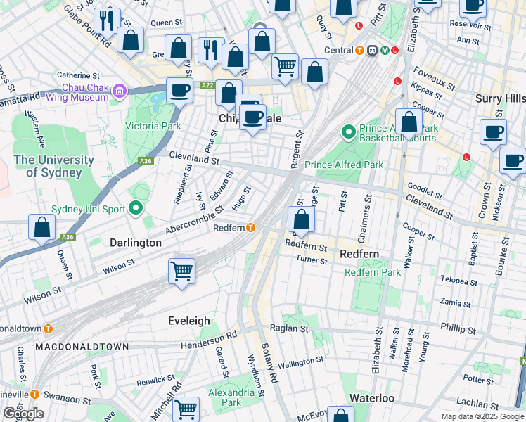 map of restaurants, bars, coffee shops, grocery stores, and more near 85 Eveleigh Street in Redfern
