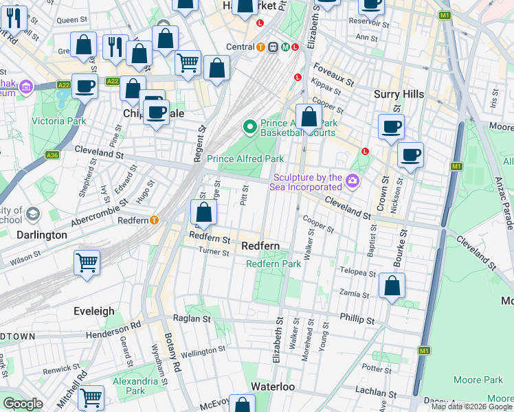 map of restaurants, bars, coffee shops, grocery stores, and more near 217 Chalmers Street in Redfern
