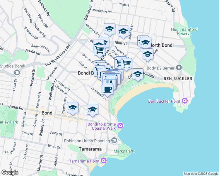 map of restaurants, bars, coffee shops, grocery stores, and more near 16 Hall Street in Bondi Beach