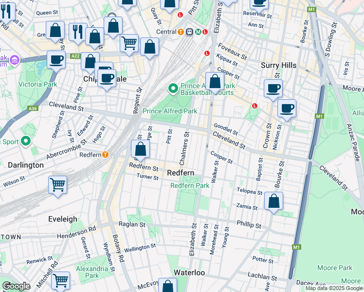 map of restaurants, bars, coffee shops, grocery stores, and more near 217 Chalmers Street in Redfern