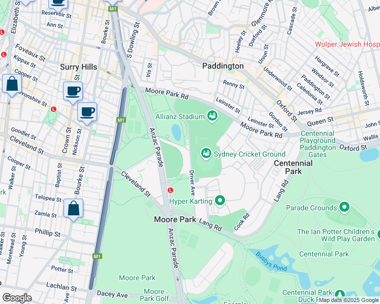map of restaurants, bars, coffee shops, grocery stores, and more near Driver Avenue in Moore Park