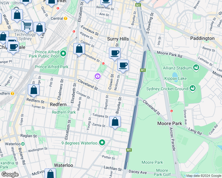 map of restaurants, bars, coffee shops, grocery stores, and more near 654 Crown Street in Surry Hills