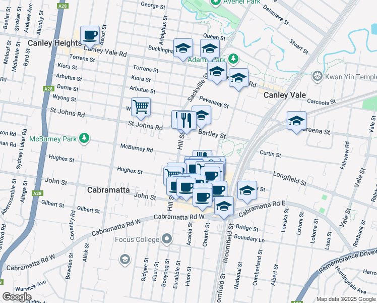 map of restaurants, bars, coffee shops, grocery stores, and more near 27 McBurney Road in Cabramatta