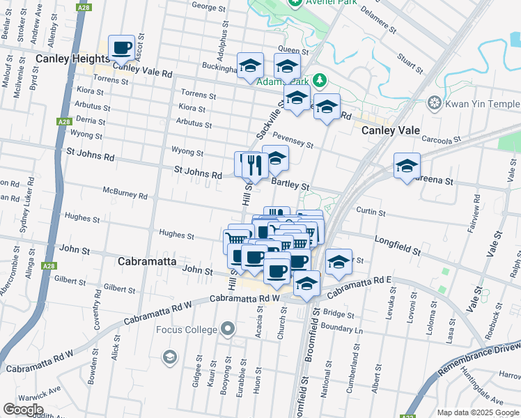 map of restaurants, bars, coffee shops, grocery stores, and more near 25 McBurney Road in Cabramatta