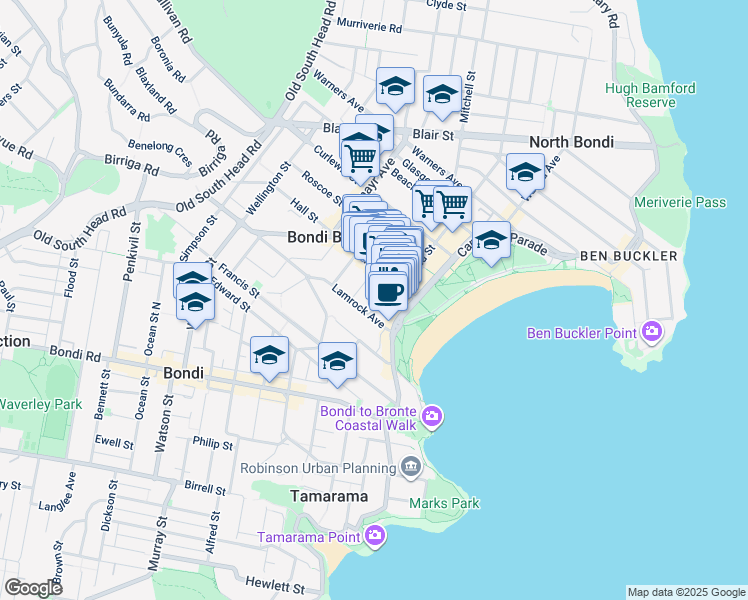 map of restaurants, bars, coffee shops, grocery stores, and more near 15 Jaques Avenue in Bondi Beach