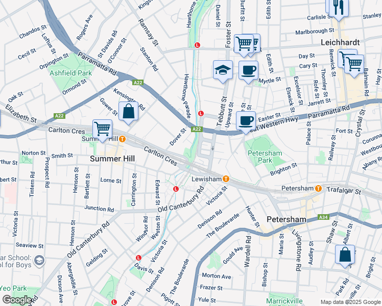 map of restaurants, bars, coffee shops, grocery stores, and more near 1 Grosvenor Crescent in Summer Hill
