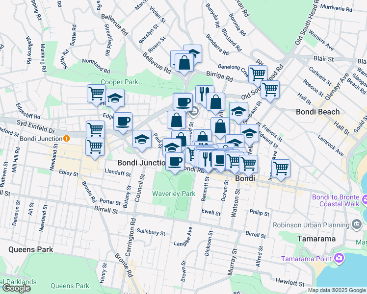 map of restaurants, bars, coffee shops, grocery stores, and more near 27 Flood Street in Bondi