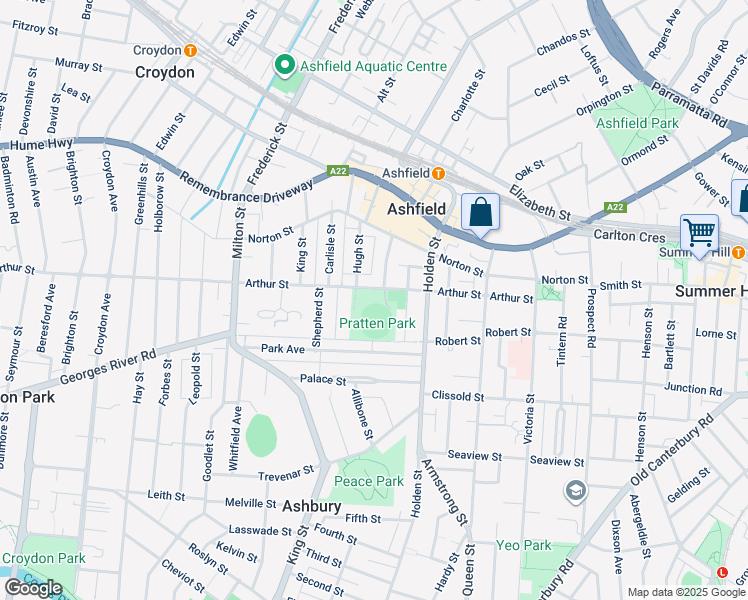 map of restaurants, bars, coffee shops, grocery stores, and more near 42 Arthur Street in Ashfield