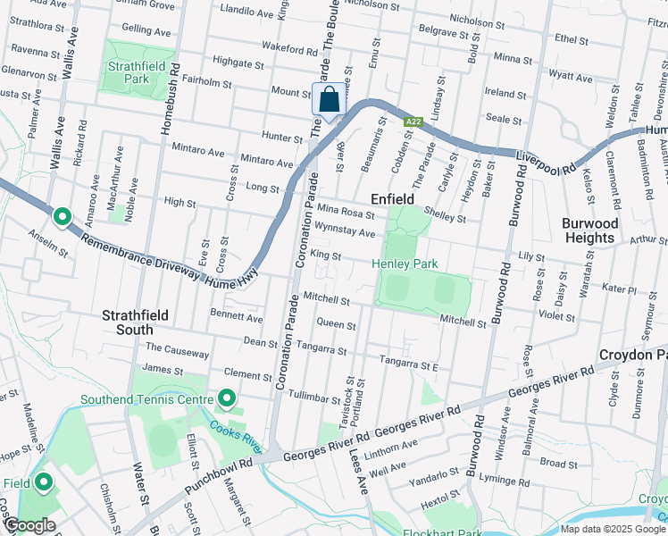 map of restaurants, bars, coffee shops, grocery stores, and more near 25 King Street in Enfield