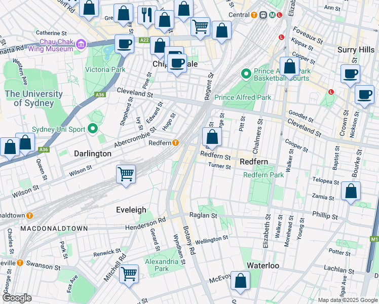 map of restaurants, bars, coffee shops, grocery stores, and more near 157 Redfern Street in Redfern