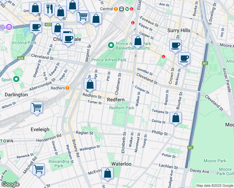 map of restaurants, bars, coffee shops, grocery stores, and more near Chalmers Street in Redfern