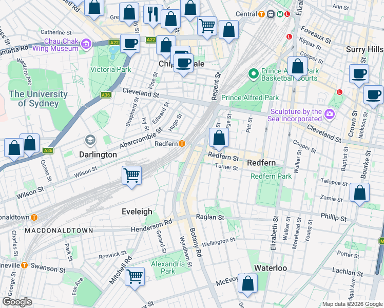 map of restaurants, bars, coffee shops, grocery stores, and more near 157 Redfern Street in Redfern