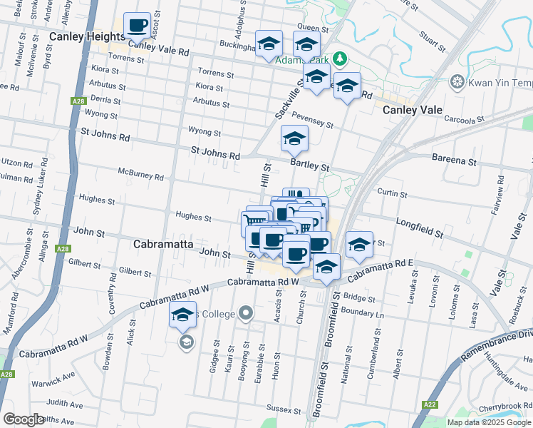 map of restaurants, bars, coffee shops, grocery stores, and more near 32 Hill Street in Cabramatta