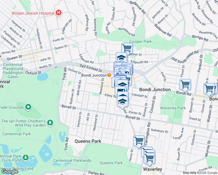 map of restaurants, bars, coffee shops, grocery stores, and more near 85 Spring Street in Bondi Junction