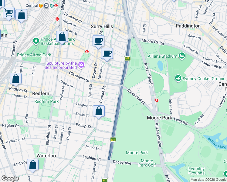 map of restaurants, bars, coffee shops, grocery stores, and more near 12-16 Chelsea Street in Redfern