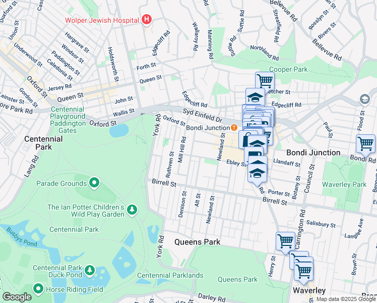 map of restaurants, bars, coffee shops, grocery stores, and more near 61 Denison Street in Bondi Junction