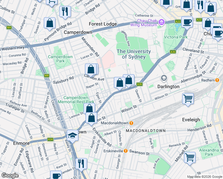 map of restaurants, bars, coffee shops, grocery stores, and more near 15 Campbell Street in Newtown
