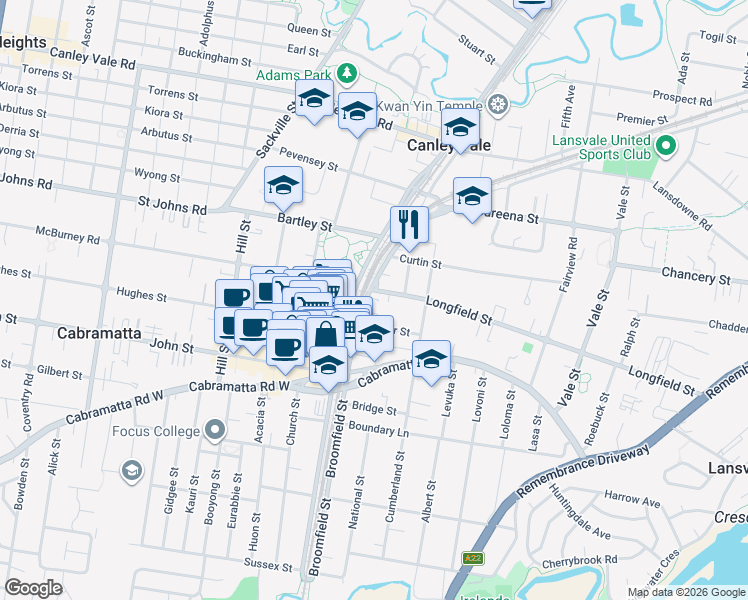 map of restaurants, bars, coffee shops, grocery stores, and more near 54-58 Broomfield Street in Cabramatta