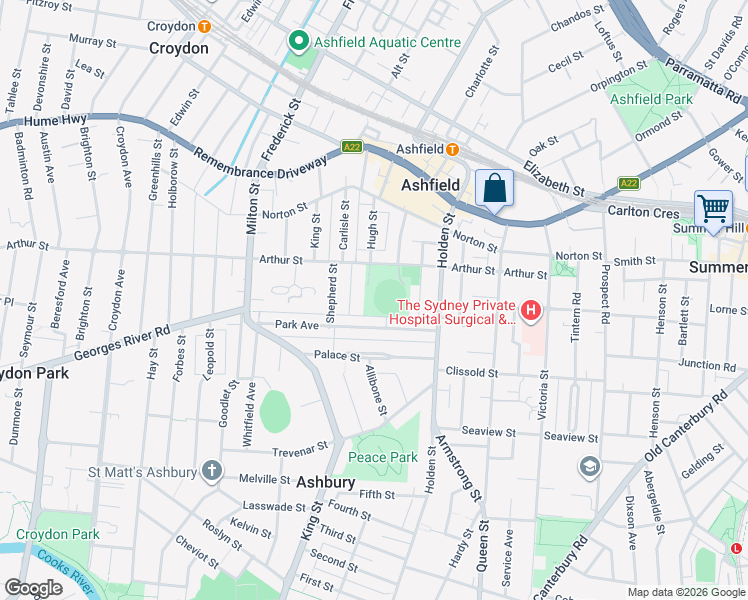 map of restaurants, bars, coffee shops, grocery stores, and more near 40 Arthur Street in Ashfield