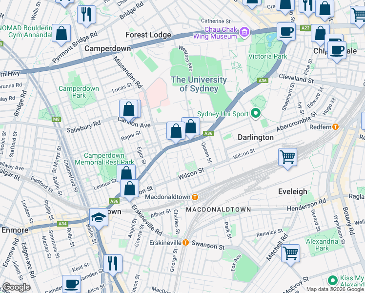 map of restaurants, bars, coffee shops, grocery stores, and more near 88 King Street in Newtown