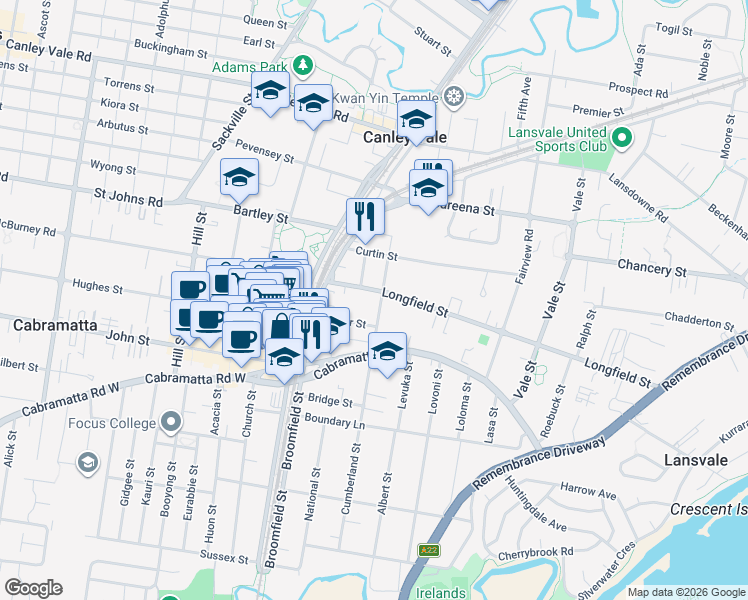 map of restaurants, bars, coffee shops, grocery stores, and more near 25 Cumberland Street in Cabramatta