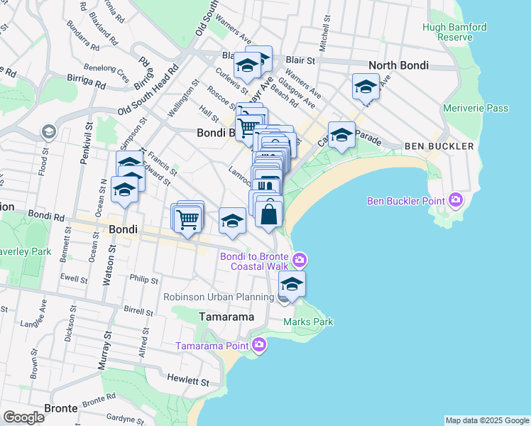 map of restaurants, bars, coffee shops, grocery stores, and more near 54 Campbell Parade in Bondi Beach