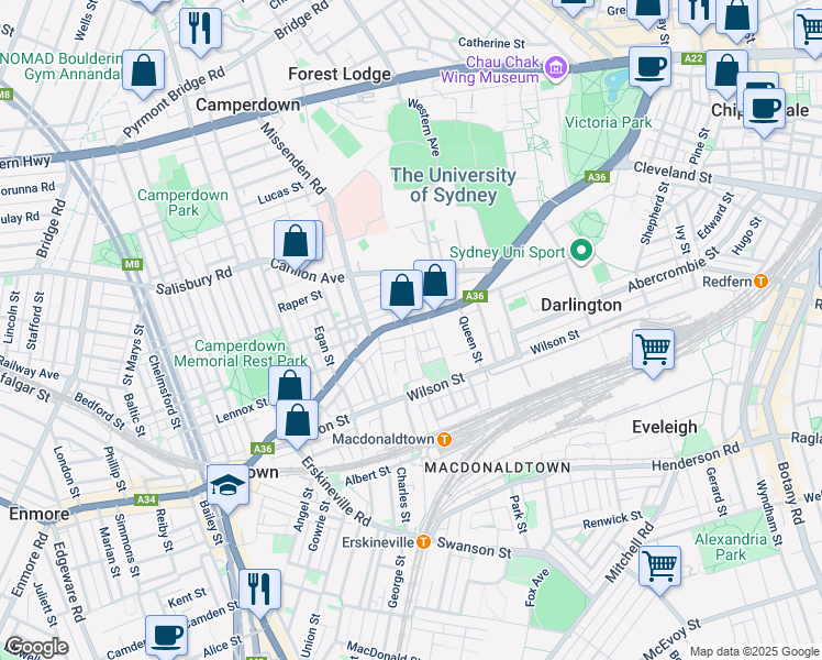 map of restaurants, bars, coffee shops, grocery stores, and more near 1 Georgina Street in Newtown
