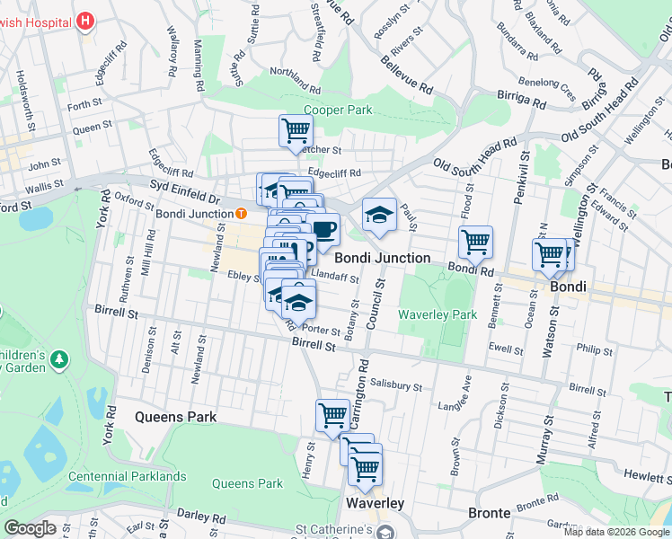 map of restaurants, bars, coffee shops, grocery stores, and more near 16A Llandaff Street in Bondi Junction