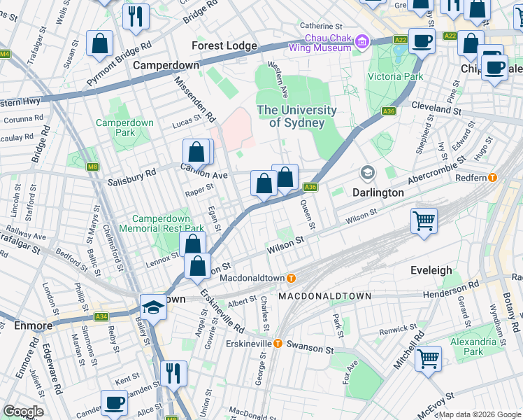 map of restaurants, bars, coffee shops, grocery stores, and more near 1 Georgina Street in Newtown