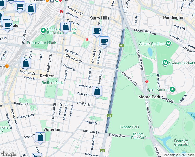 map of restaurants, bars, coffee shops, grocery stores, and more near 761 Bourke Street in Redfern