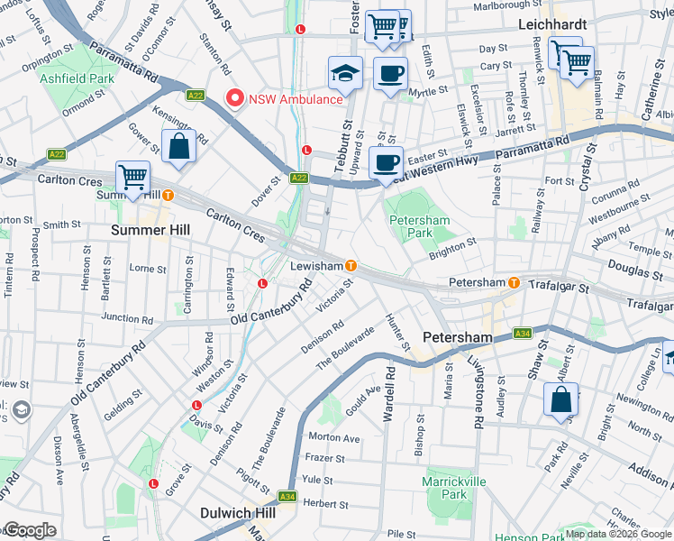 map of restaurants, bars, coffee shops, grocery stores, and more near 51 Railway Terrace in Lewisham