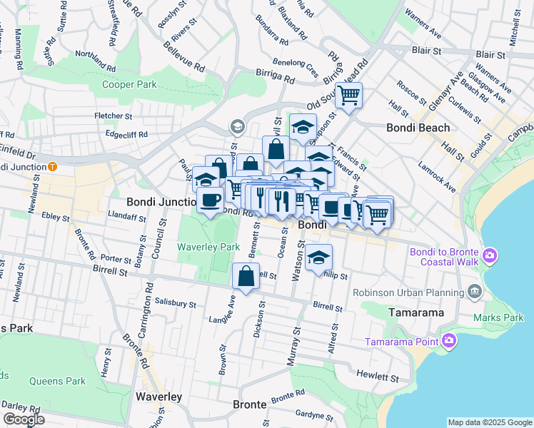 map of restaurants, bars, coffee shops, grocery stores, and more near 162 Bondi Road in Bondi