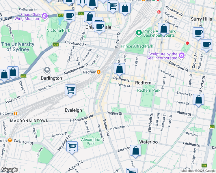 map of restaurants, bars, coffee shops, grocery stores, and more near 133 Regent Street in Redfern