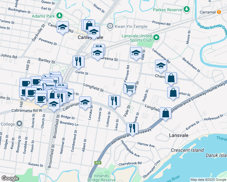 map of restaurants, bars, coffee shops, grocery stores, and more near 85 Longfield Street in Cabramatta