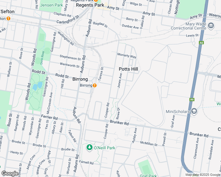 map of restaurants, bars, coffee shops, grocery stores, and more near Cooper Road in Birrong