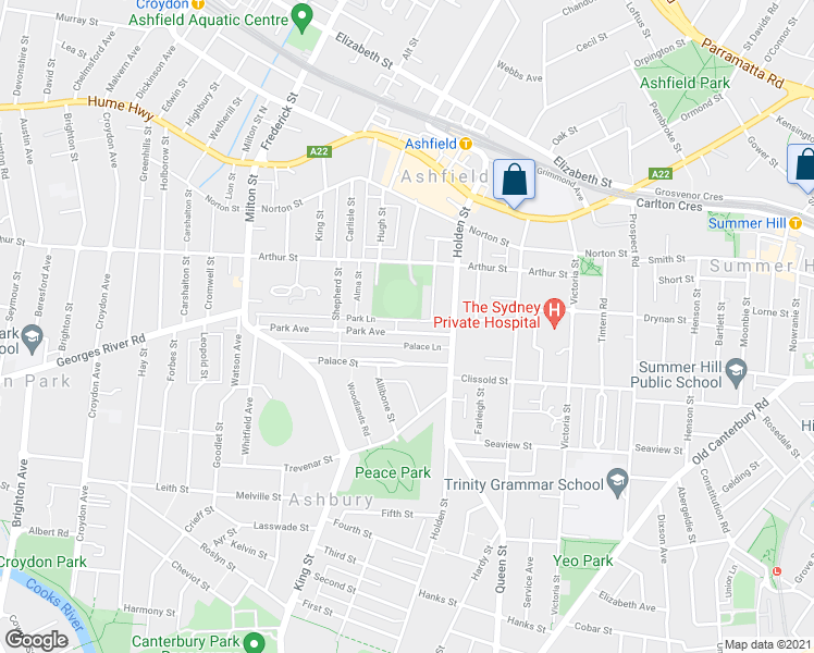 map of restaurants, bars, coffee shops, grocery stores, and more near 31 Park Avenue in Ashfield