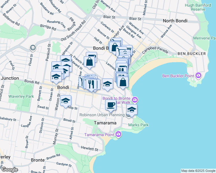 map of restaurants, bars, coffee shops, grocery stores, and more near 5 Edward Street in Bondi Beach