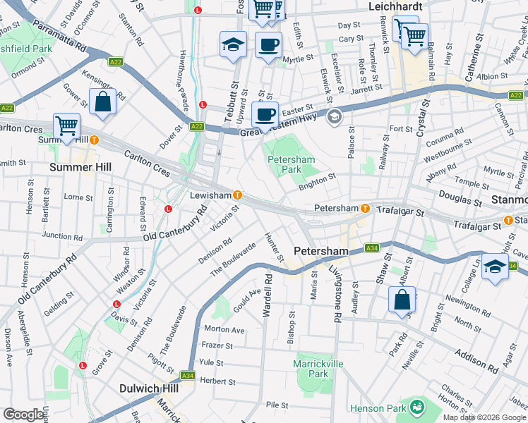 map of restaurants, bars, coffee shops, grocery stores, and more near 15 Railway Terrace in Lewisham
