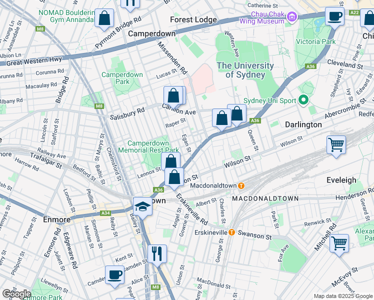 map of restaurants, bars, coffee shops, grocery stores, and more near 10-12 Egan Street in Newtown
