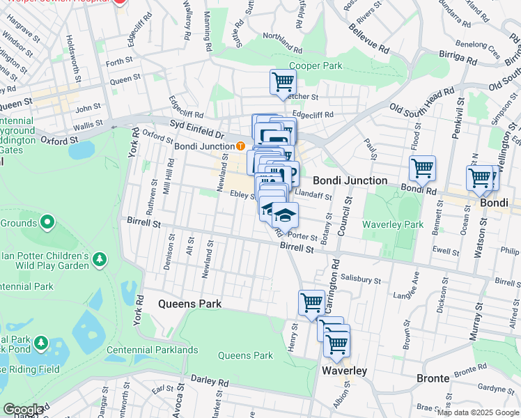 map of restaurants, bars, coffee shops, grocery stores, and more near 75 Bronte Road in Bondi Junction