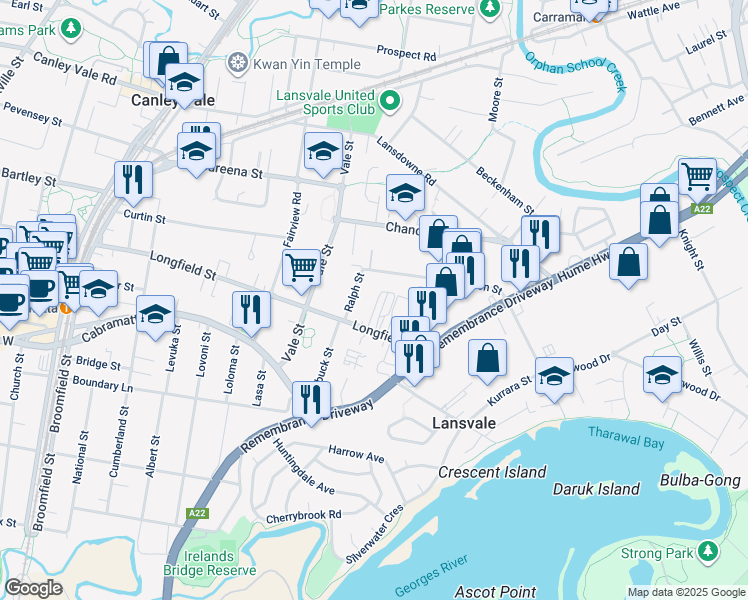 map of restaurants, bars, coffee shops, grocery stores, and more near 29 Longfield Street in Cabramatta