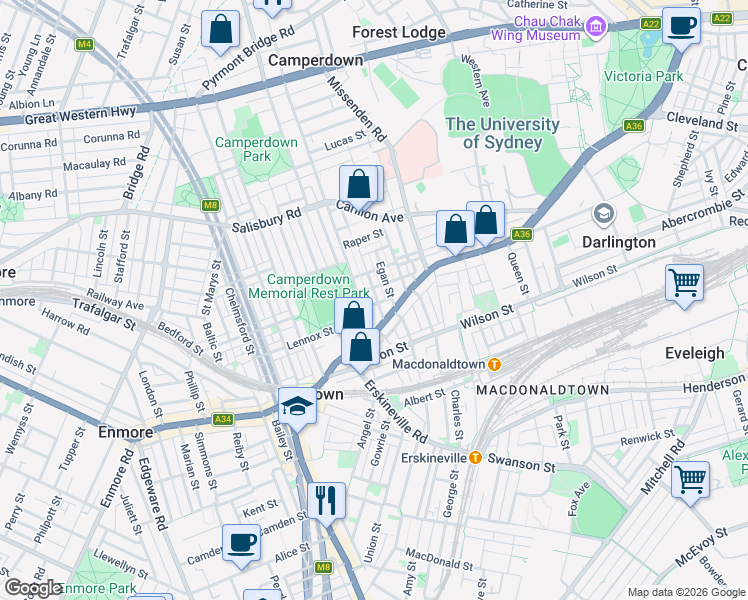 map of restaurants, bars, coffee shops, grocery stores, and more near 24 Hordern Street in Newtown