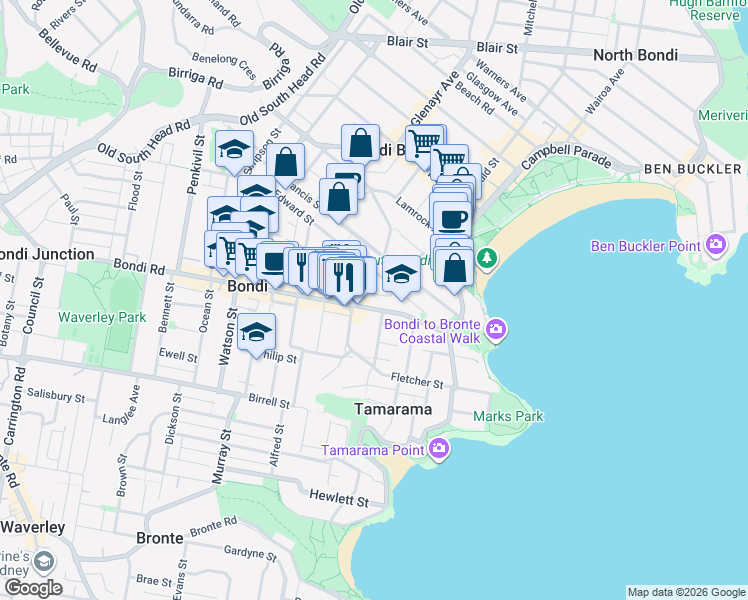 map of restaurants, bars, coffee shops, grocery stores, and more near 310 Bondi Road in Bondi