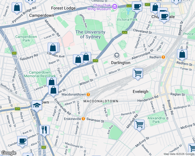 map of restaurants, bars, coffee shops, grocery stores, and more near Wilson Street in Council of the City of Sydney