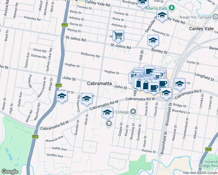 map of restaurants, bars, coffee shops, grocery stores, and more near 144 John Street in Cabramatta